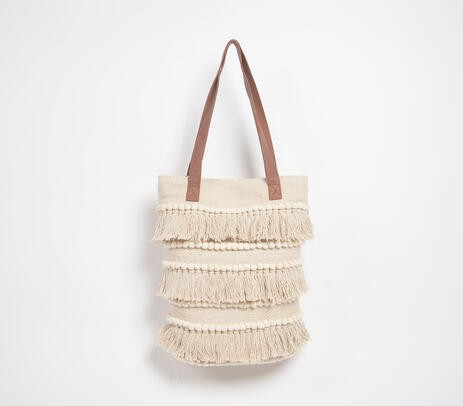 Layered fringe tasseled cotton tote bag