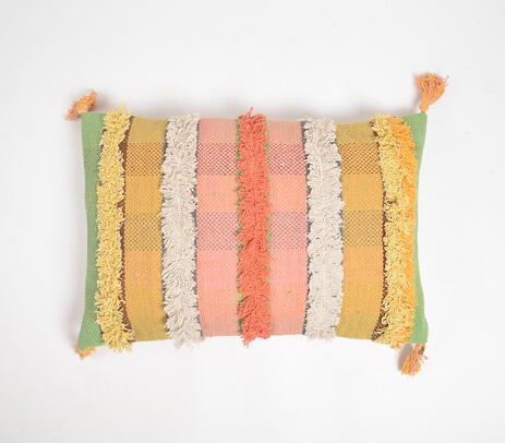 Hand tufted striped cotton tasseled cushion cover